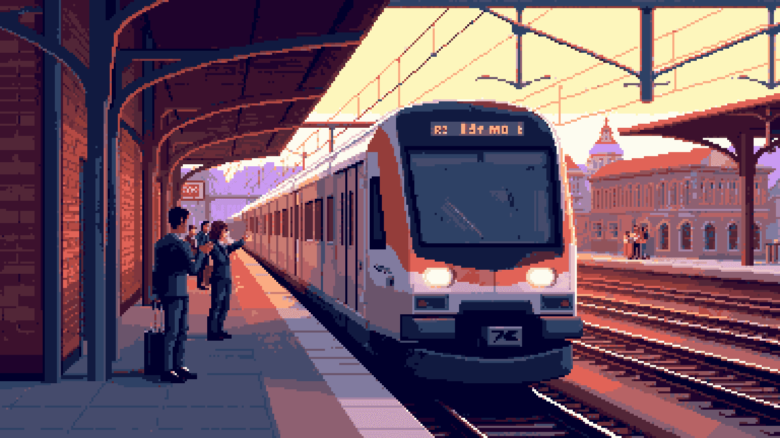 Pixelkonst av ett tåg vid en station